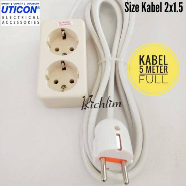 Stop Kontak Uticon 2 Lubang Colokan Listrik+Steker Arde+Kabel 2x1.5 Serabut 5 Meter