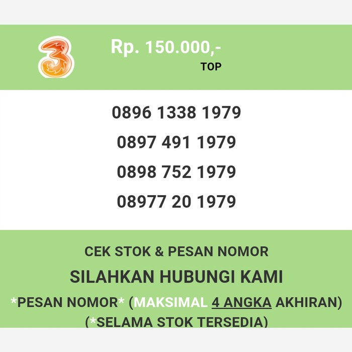 Nomor cantik three murah tahun lahir 1979 kartu perdana 3 T7888-150