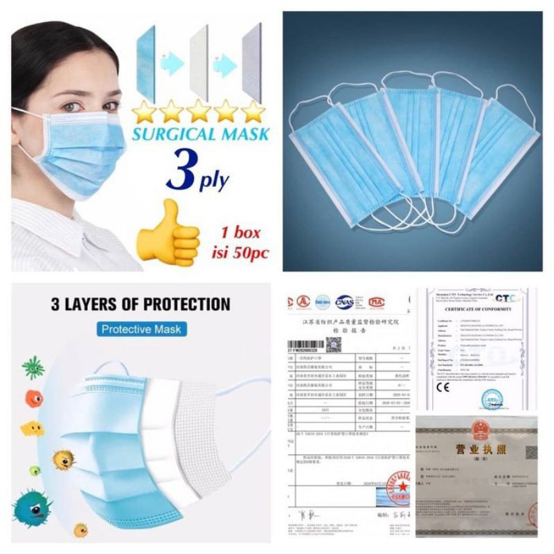 Deskripsi MASKER 3 PLY EARLOOP SURGICAL MASK DISPOSABLE MASK MASKER MULUT ISI 50pc