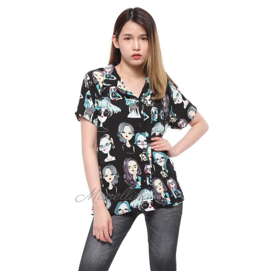 Monellina 90121 Kemeja Wanita Lengan Pendek Retro-2
