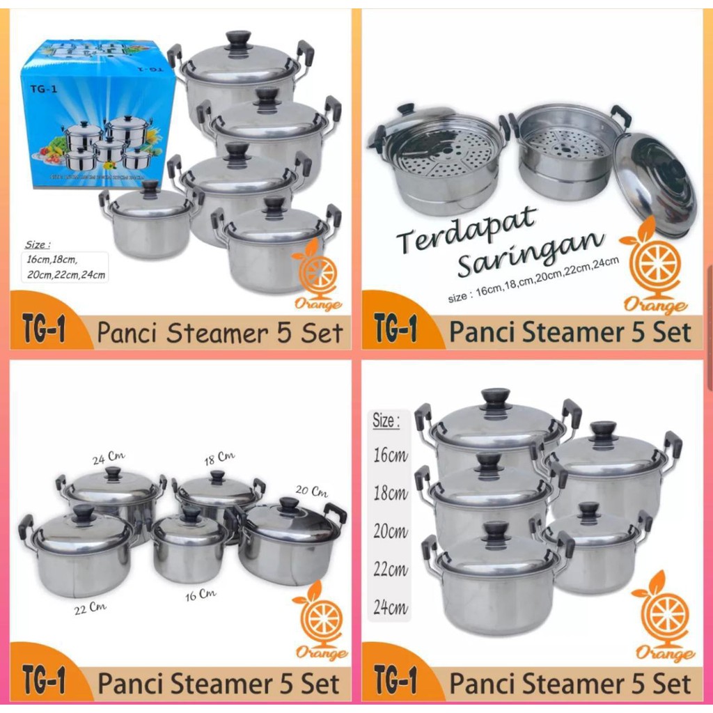 Panci Stainless Steell Set 5 Pcs Plus Steamer / Panci steamer Stainless Set 5pcs