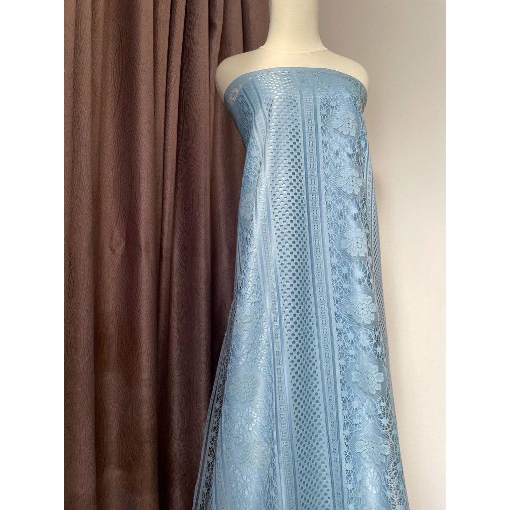 Bahan Kain Brukat brokat Lace Salur Vintage Royal Warna Biru Muda Pastel Blue