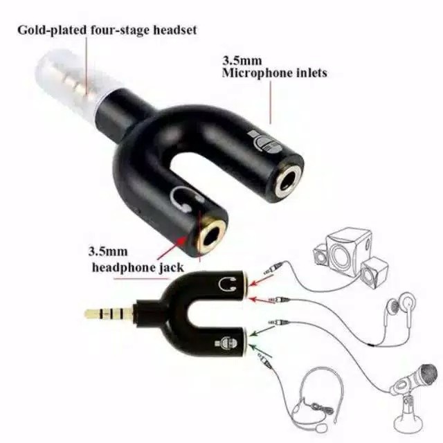 U Shape Splitter Audio + Mic Jack 3.5mm Cabang 2 Headphone Mic Ke Smartphone