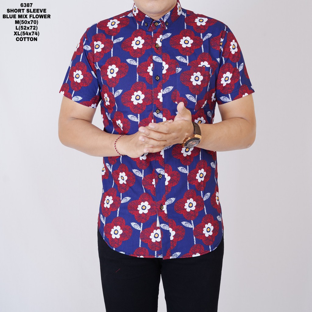 Kemeja Printing Pria Lengan Pendek Kemeja Cowok Kerja Kantoran Kemeja Distro Biru Motif Bunga 6387