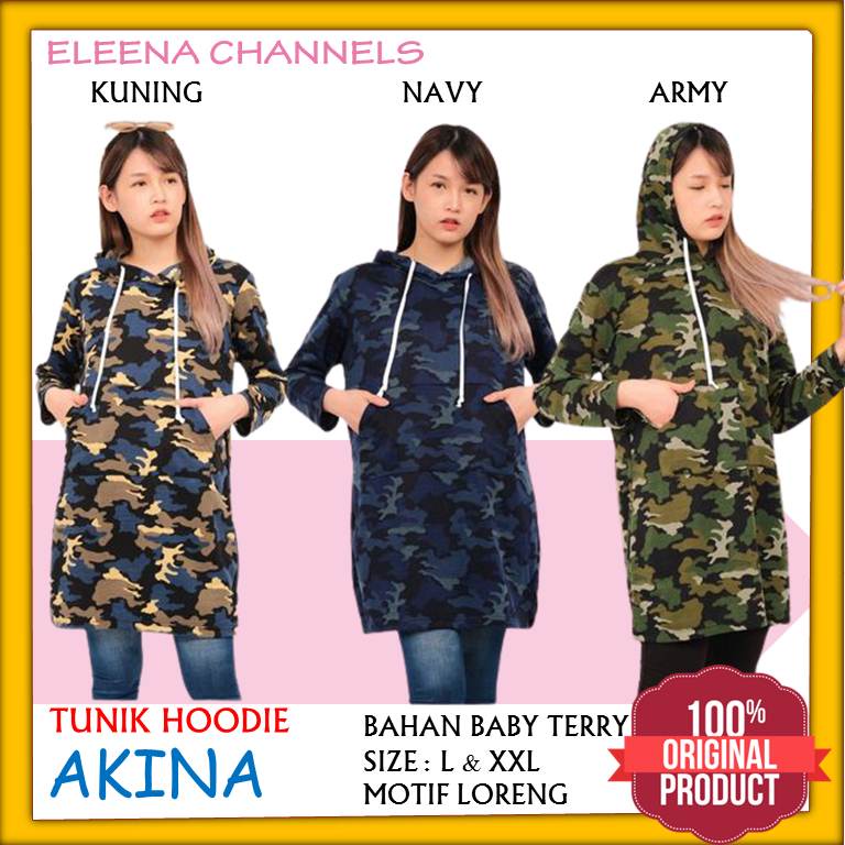 Tunik Hoody Wanita Baju Motif Loreng Army Lengan Panjang Elegan AKINA