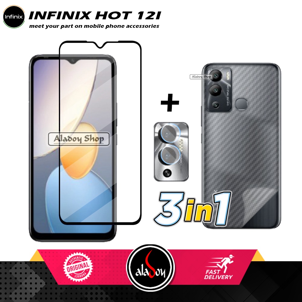 PROMO 3 IN 1 PAKET Tempered Glass Infinix Hot 12I 2022 Free Tempered Glass Camera dan Skin Carbon