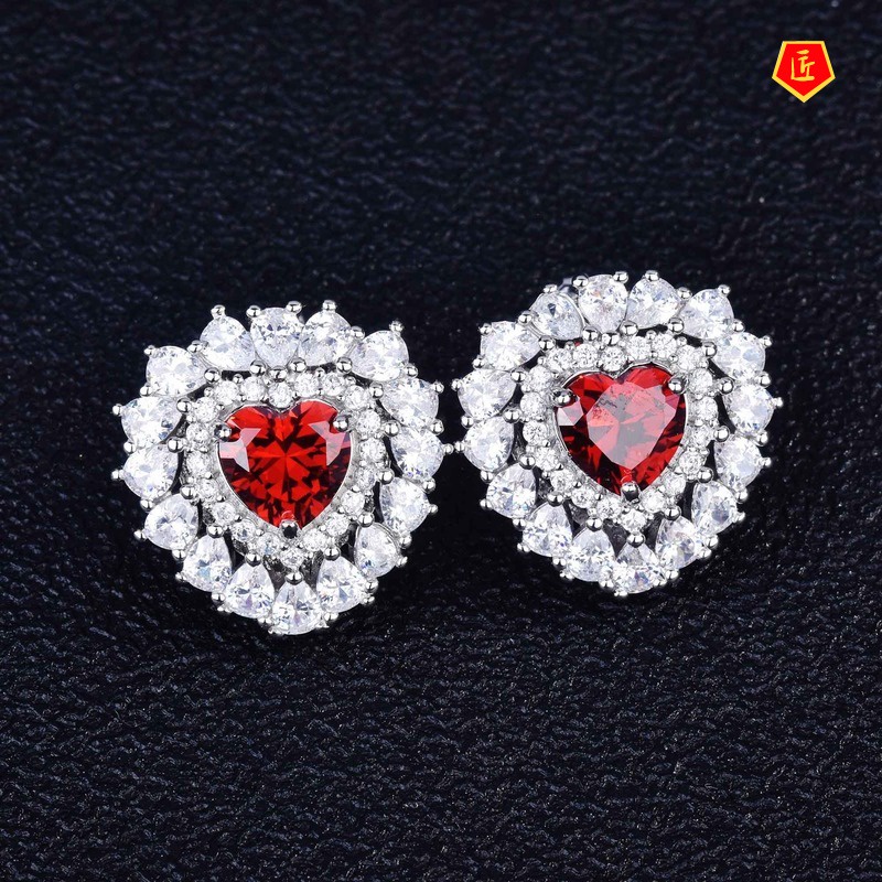 [Ready Stock]Heart-Shaped Natural Red Garnet Necklace Ring Earings Set