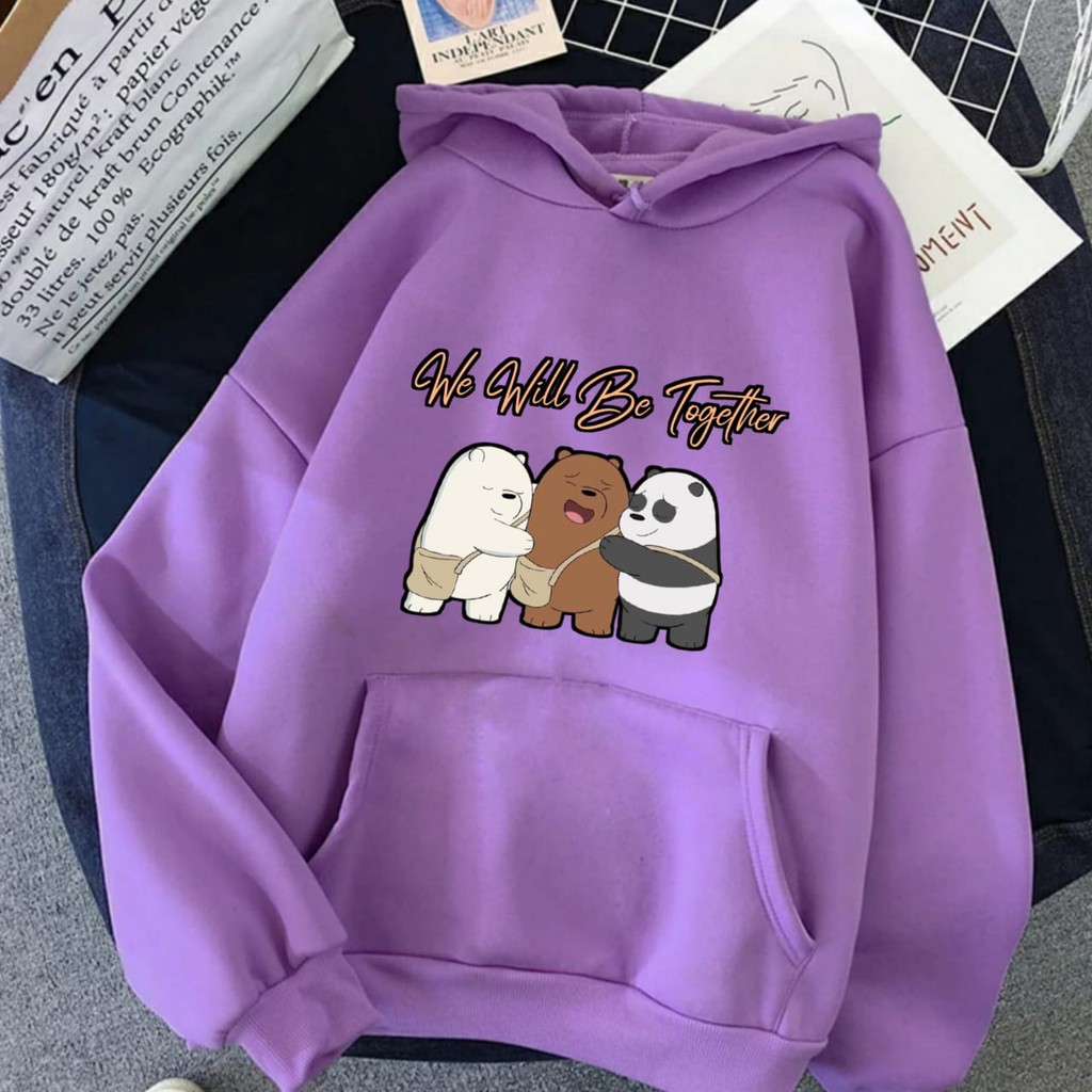 Hoodie Wanita Gambar Bears Oversize Korean Style Sweater Murah Tebal Xxl Kekinian Lilac Panda Boba