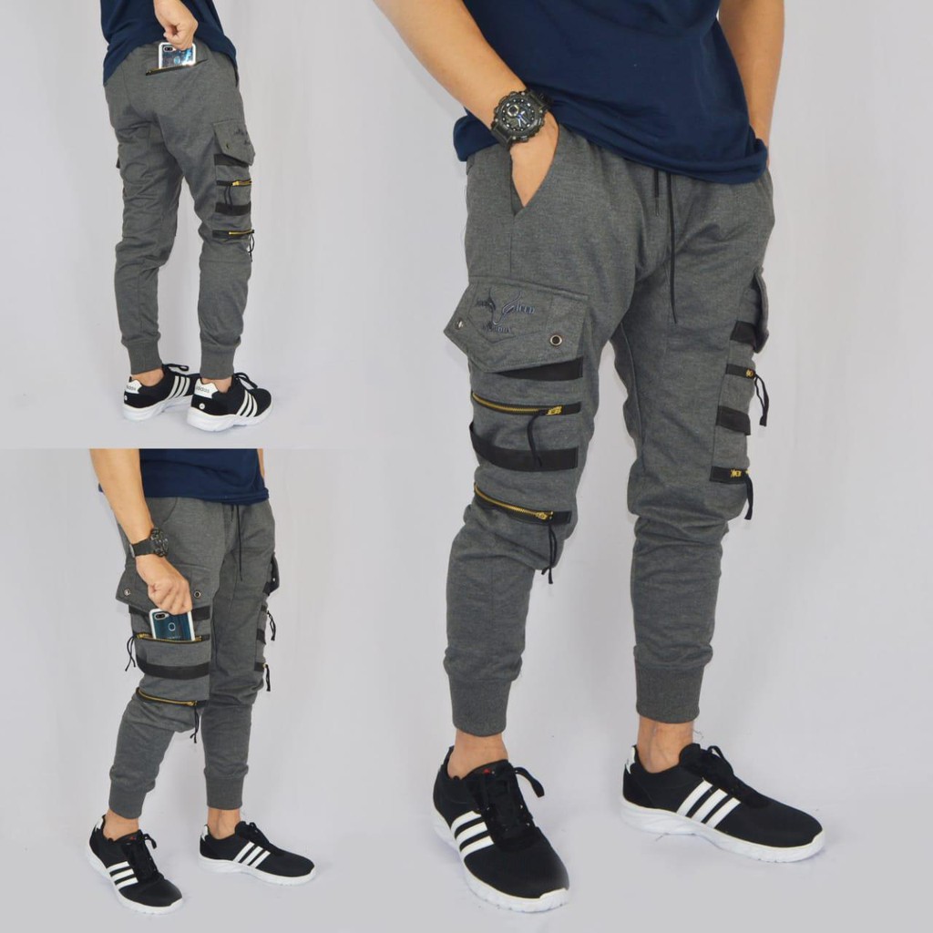 Celana Jogger Joger Pria Wanita Sweatpants Panjang Double Zipper Bahan Baby Terry Training Olahraga Cargo Kargo Dewasa