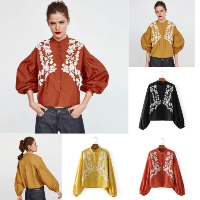 NL046- BAJU ATASAN WANITA BLOUSE LENGAN BALON BORDIR IMPORT