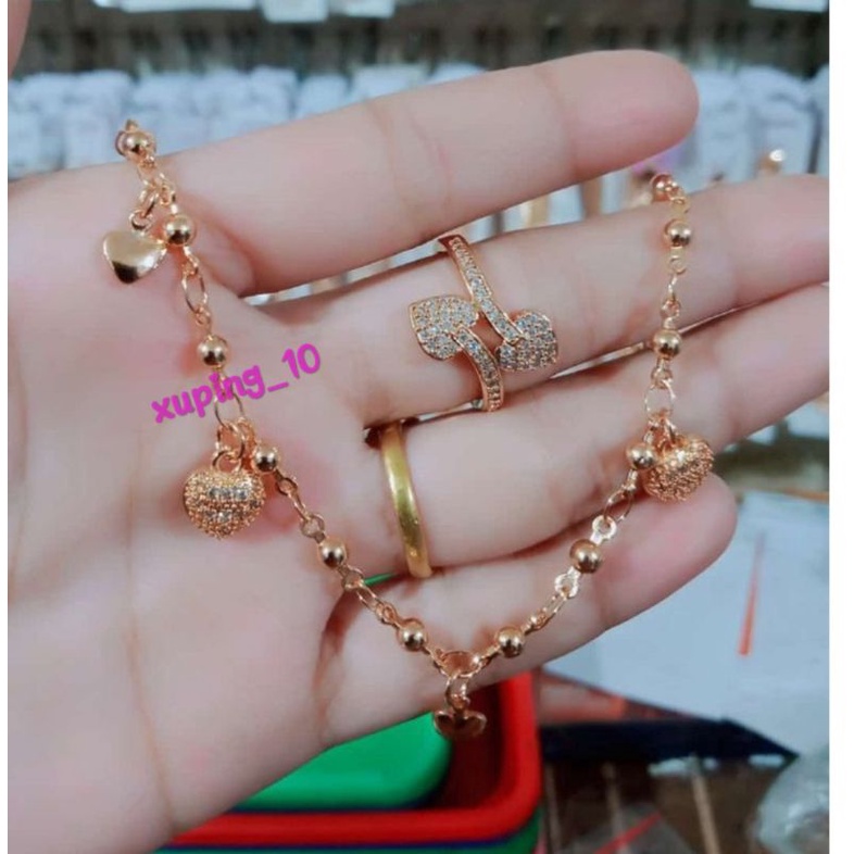 Gelang rumbai love satu set lapis emas 24 K bahan titanium asli