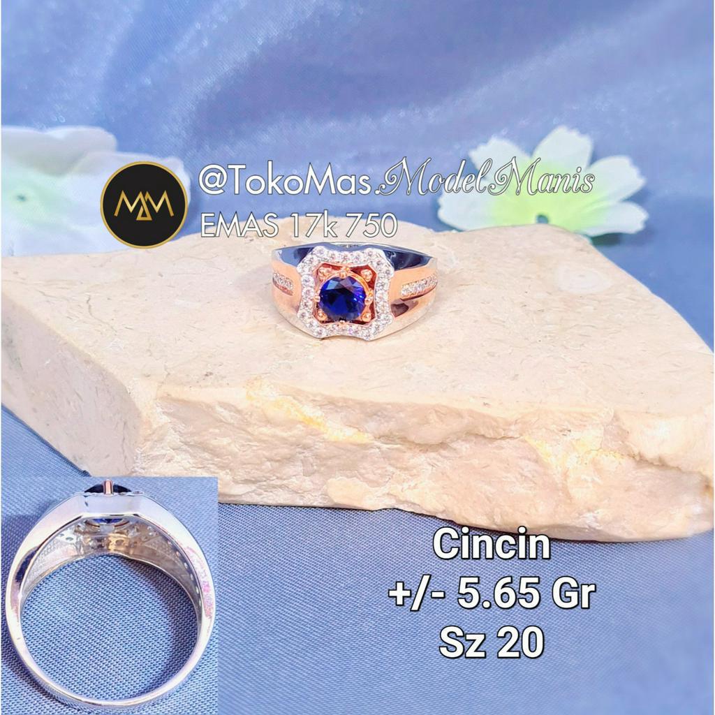Cincin pria batu biru emas putih 750 kadar 17k