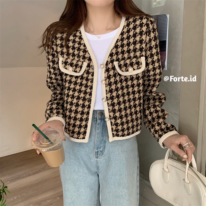 Jacket Lengan Panjang Korean Style Jaket Wanita Terbaru Outer Crop Kotak-kotak