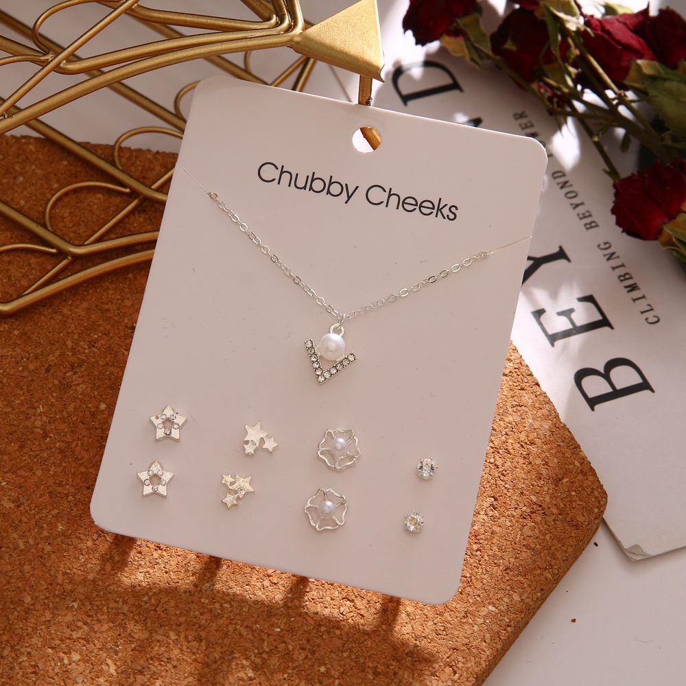 Fashion Korean Stud Earrings Set Imitation Pearl Pentagram Deer Fish Tail Cross Snowflake Heart Earrings Choker Women Gifts Jewelry