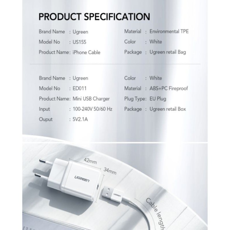 Ugreen Charger 10.5 Watt Support for IPhone 11 8 6 7 Plus X XR XS XR XS Max Ipad With Kabel Lightning Mfi Original