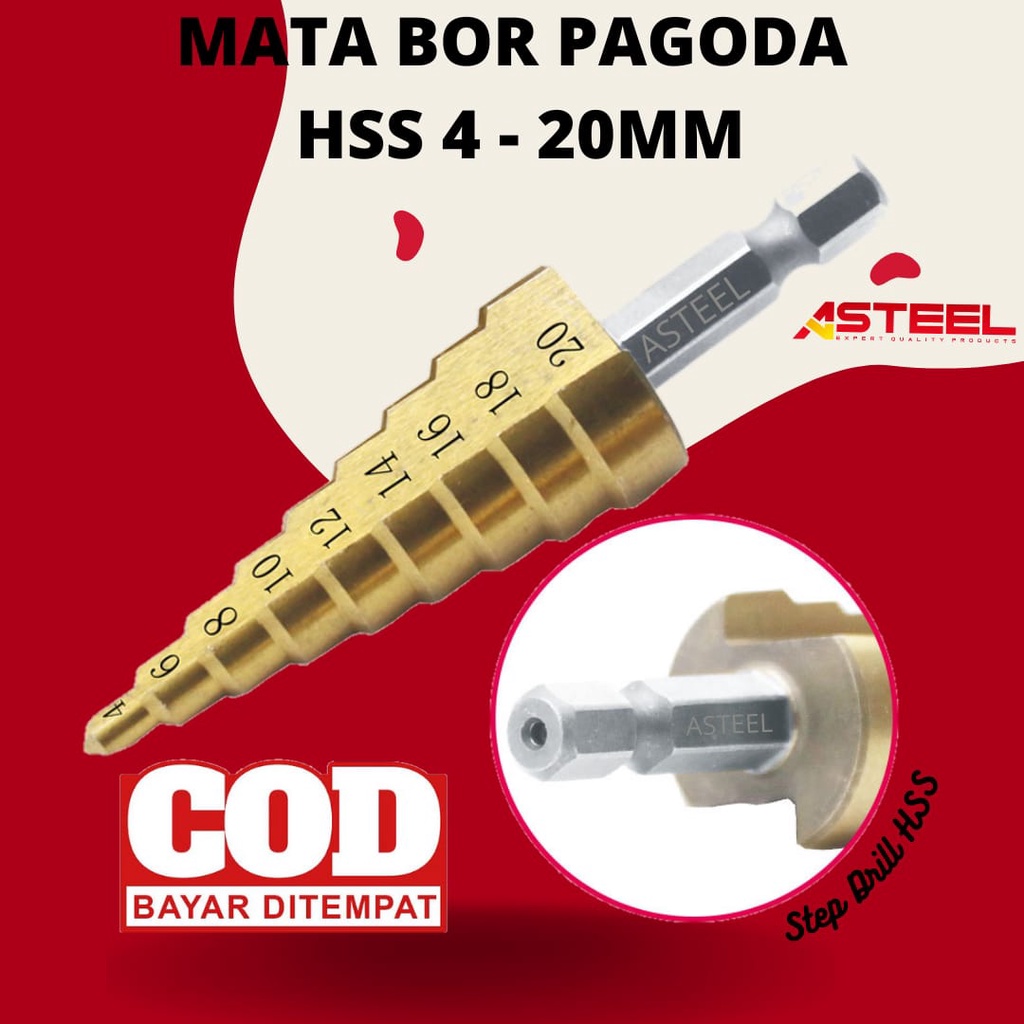 ASTEEL Mata Bor Pagoda multi Step Drill High Speed Steel 4 -20 MM Titanium Coating Spiral Kerucut Tangga Payung Step Cone Drill Bits Lubang Besi Kayu Plastik Acrylic Karpet PVC Tembaga  - Mata Bor Bangunan