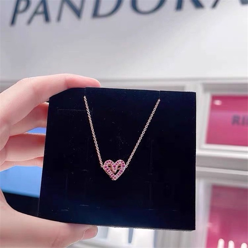 Pandora Kalung 925 Silver Rose Gold 18K Dengan Liontin Hati Aksen Berlian Kubik Zirkonia Untuk Wanita