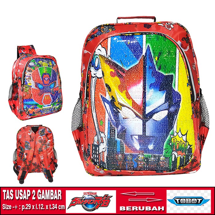 TAS RANSEL SEQUIN / USAP 2 GAMBAR KARAKTER ULTRAMAN - TOBOT ANAK SEKOLAH TK / SD