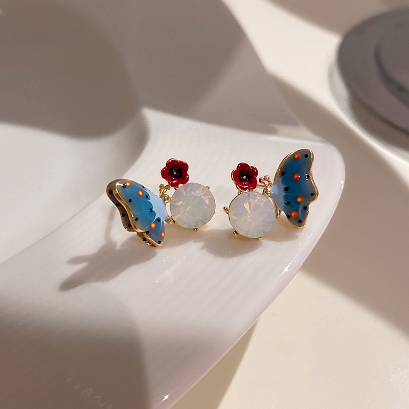 Vintage Dicat Bunga Merah Biru Kupu-Kupu Anting-Anting Wanita Korea sparkle Berlian Aksesoris Telinga