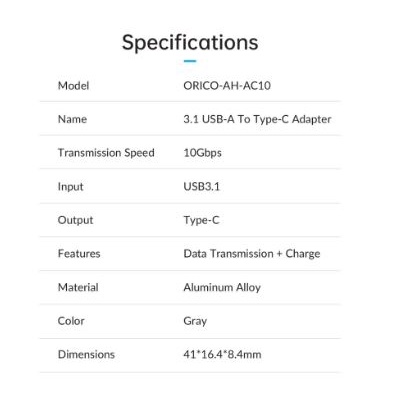 Usb A 3.1 male to type-c female adapter dongle orico charge data sync 3A 10Gbps aluminum ah-ac10