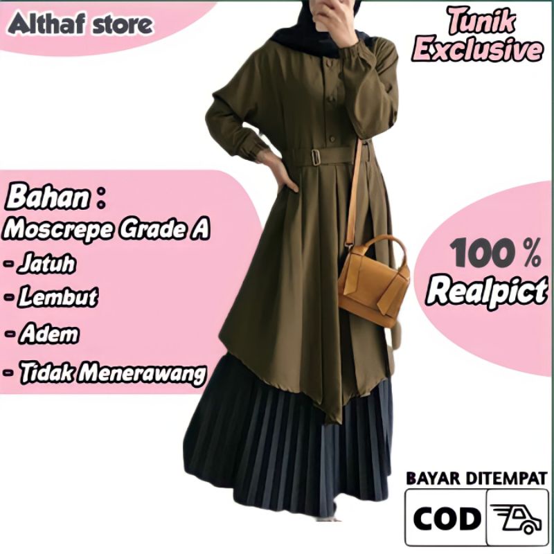 Baju Tunik Jumbo Atasan Polos Panjang Wanita Fashion Muslim Perempuan Warna Army