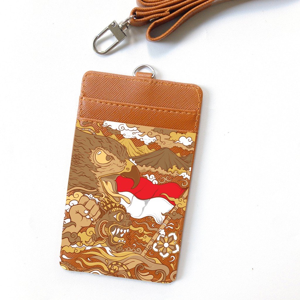 lanyard ID card Holder Pedjoeang Tema Indonesia tempat kartu gantung custom kulit saffiano leather