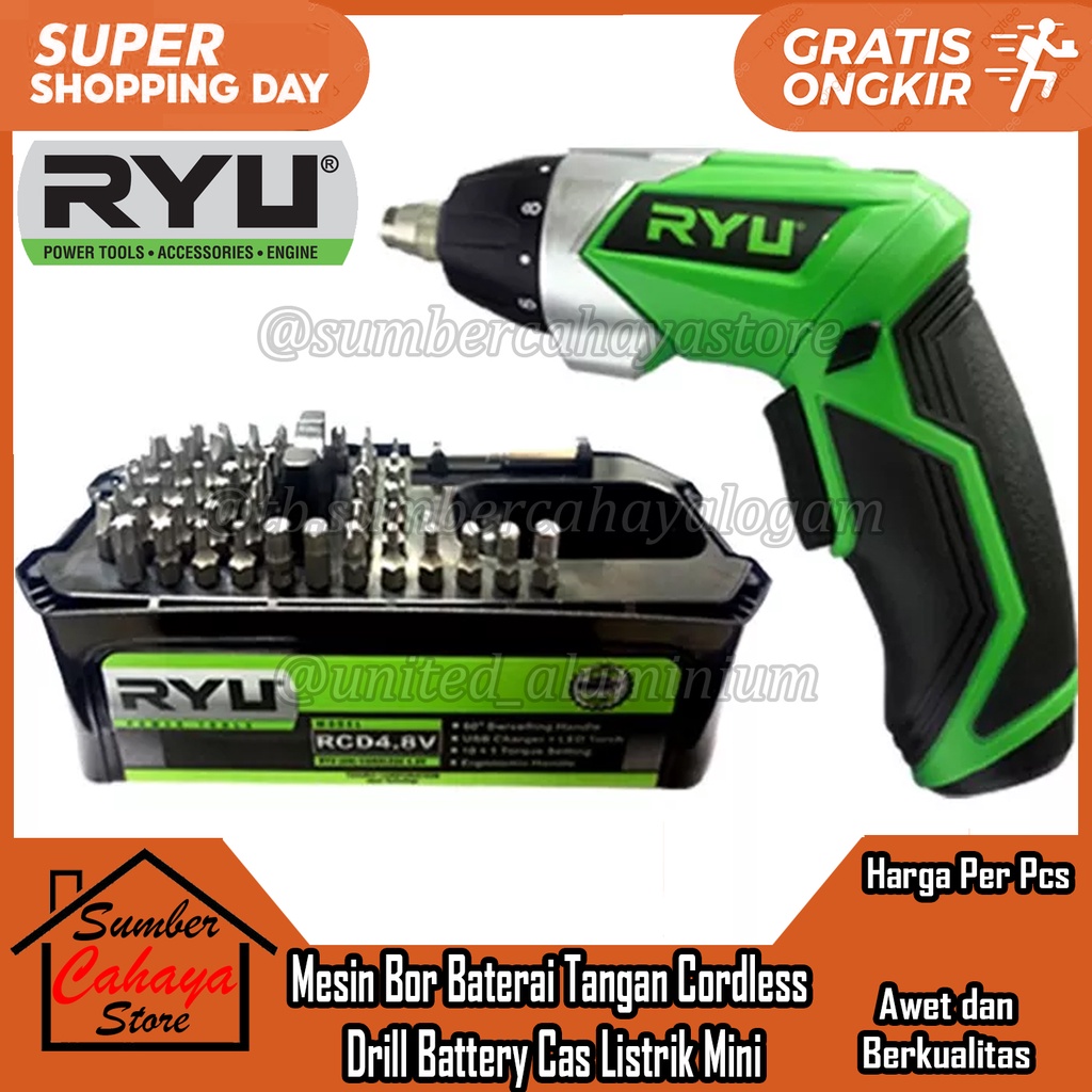 Mesin Bor Baterai Tangan Cordless Drill Battery RYU RCD4.8V Tanpa Kabel Listrik Batrai Bateray Batre