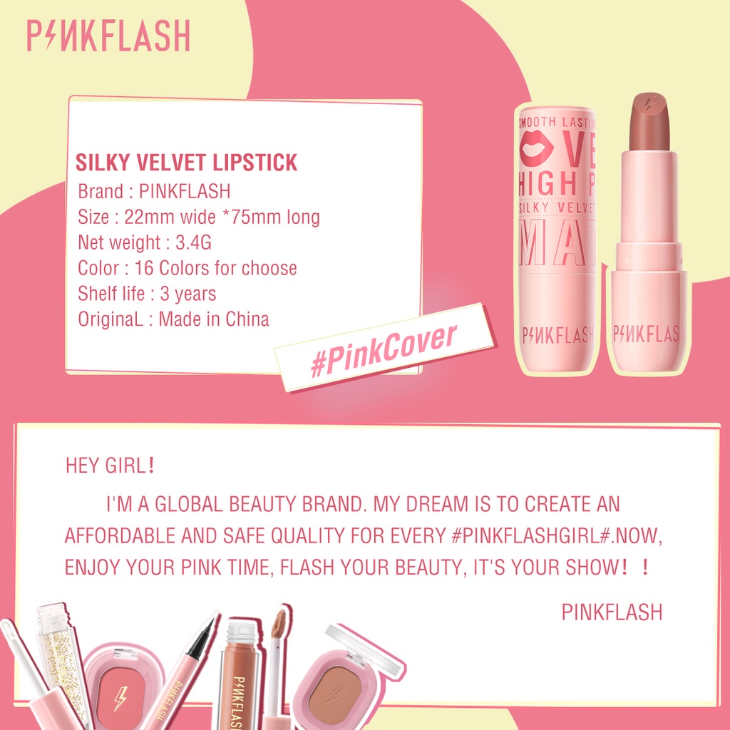 PINKFLASH PinkCover Cover Girl Velvet Matte Cream Lipstick High Pigment Lasting Silky Soft Smooth Creamy Not Dry Lipstik Pinkflash Lip Cream