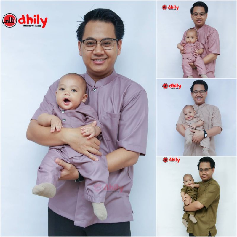 DHILY Kemeja koko Basic couple ayah anak, koko couple ayah anak, baju koko anak set celana