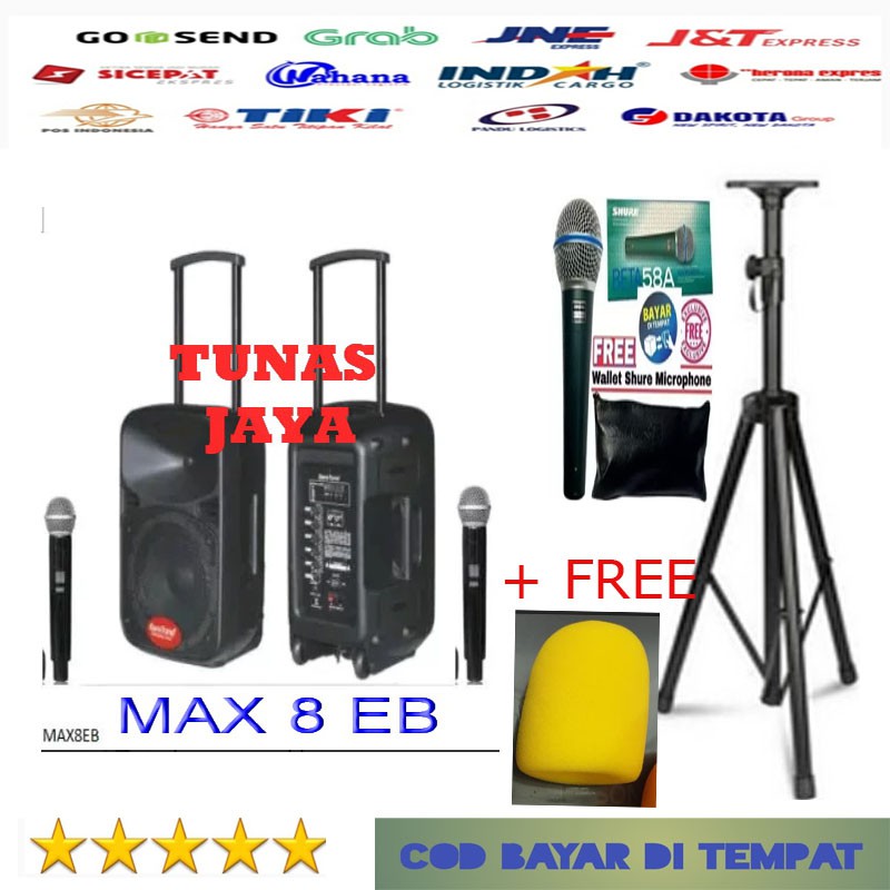 Speaker Portable Amplifier Wireless BARETONE MAX8EB 8 INCH max 8eb ORI FREE 1 STAND SPEAKER 1 MIC