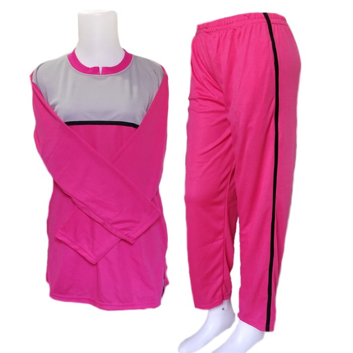 PROMO SETELAN OLAHRAGA WANITA SENAM MUSLIM BAJU TRENING MURAH - PINK ABU, M