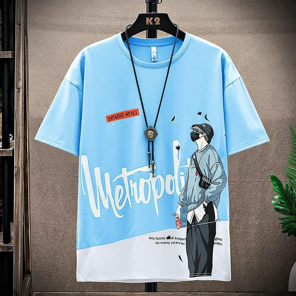 KIYOWO-Baju Atasan Kaos Kasual Lengan Pendek Pria Metropolis