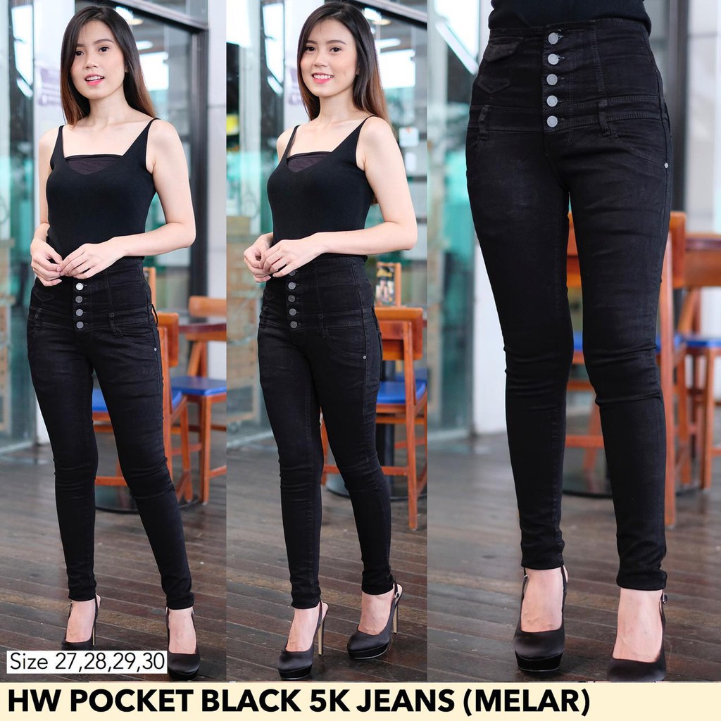 5 KANCING CELANA JEANS WANITA HW HIGHWAIST HITAM RIPPED KNEE NO SOBEK LUTUT MELAR STRETCH HIGH WAIST