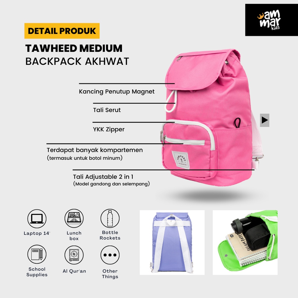 Tas Anak Muslim Islami Tawheed Medium Backpack Ikhwan Akhwat Ammarkids Ransel Sekolah Ammar Kids