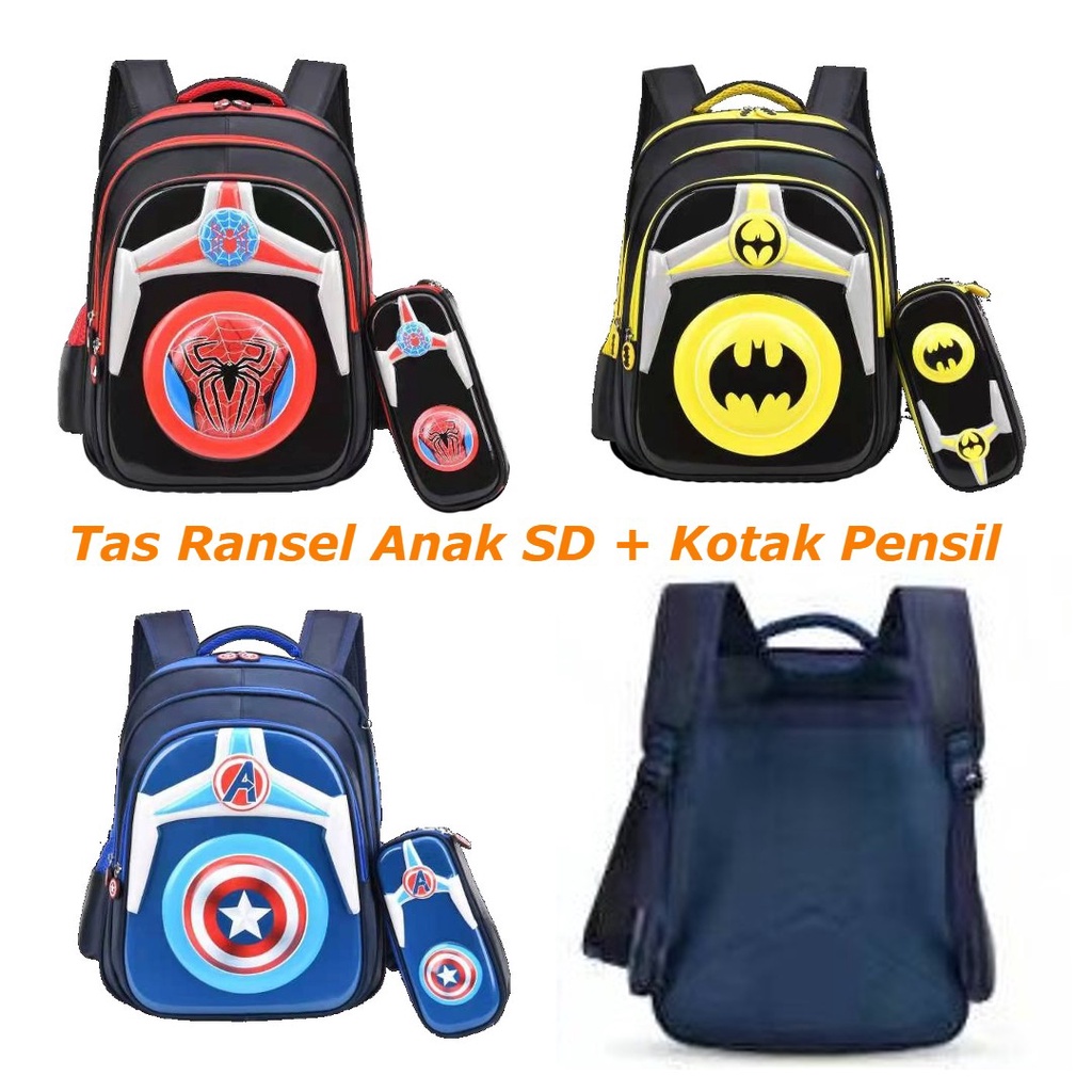 tas ransel anak sd cowok superhero batman spiderman 3 kantung free kotak pensil import