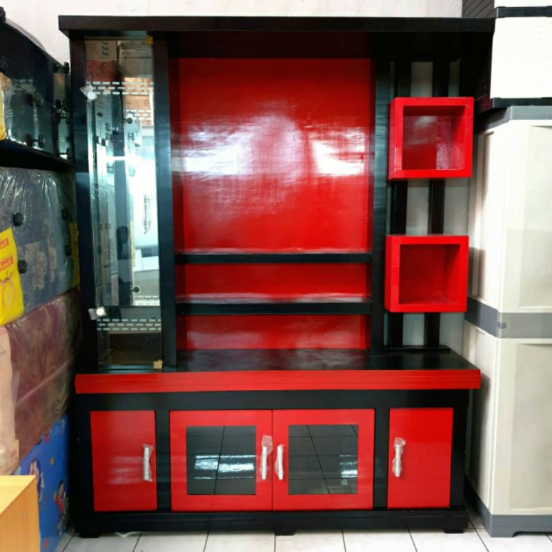 LEMARI HIAS KACA + MEJA TV KAYU BESAR HITAM MERAH MODERN