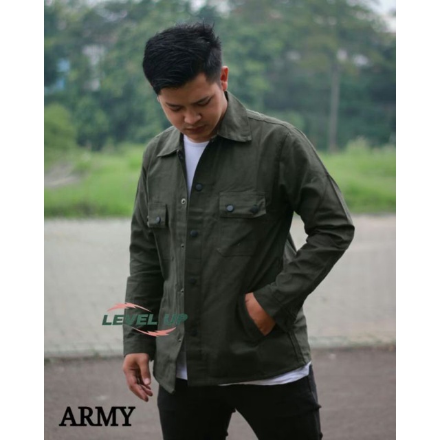 &quot;HECTOR&quot; Jaket Kanvas / Semi Parka / Field jacket- PRESS BUTTON- Original - GREEN ARMY