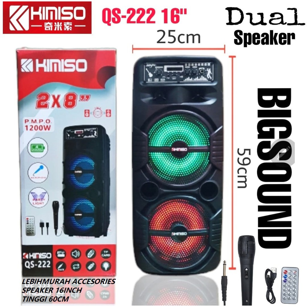 Speaker Bluetooth Wireless Karaoke KIMISO QS222  ECO Lampu LED +Mic/Remote Control 16INCH QS 222