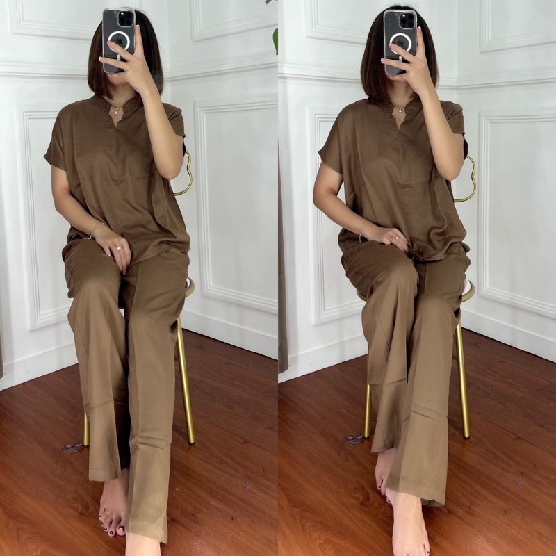 ONE SET TWILL PIYAMA SET TWILL/PAJAMAS/DAILY ONE SET/SETELAN / SETCEL / KEMEJA RAYON / RAYON TWILL-SOFT TOFEE TWILL
