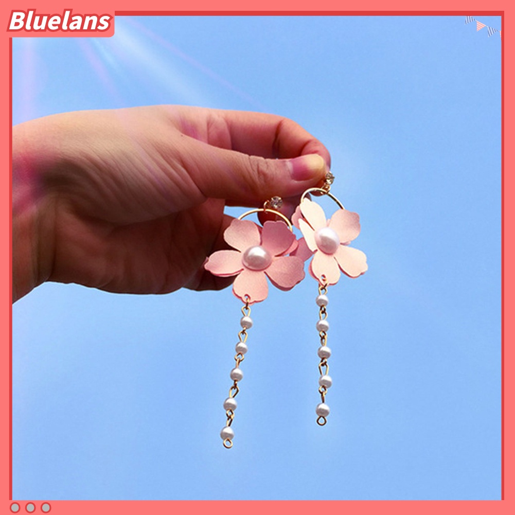 Bluelans Fashion Women Chiffon Flower Faux Pearl Circle Long Dangle Stud Earrings Jewelry