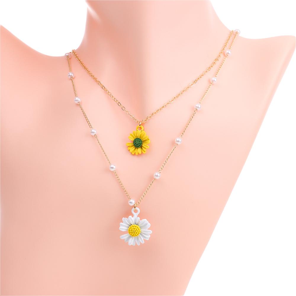 Hadiah Kalung Bunga LILY Daisy Ornamen Perempuan Kuning Putih Double Layered