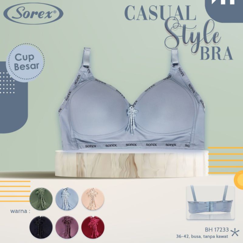 BH Sorex BIG CUP Busa Tipis 17233 Tanpa Kawat Kait 3 Setara Cup C | Bra Cup Besar Kancing Tiga Harian Casual Style Bra Wanita Dewasa Perempuan | Sguna