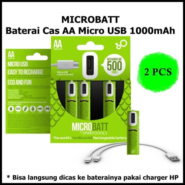 MICROBATT Baterai Cas AA Micro USB 1000mAh 2 PCS Green