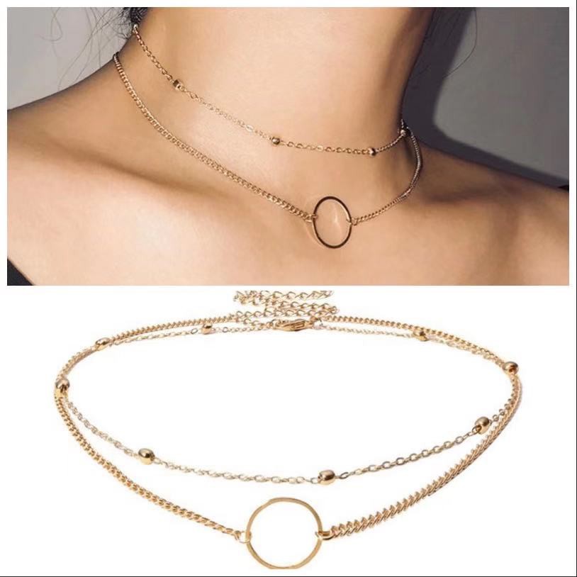 Kalung Rantai Choker Ring Geometris Untuk Wanita / Kalung Rantai Liontin Ring Geometris Untuk Wanita