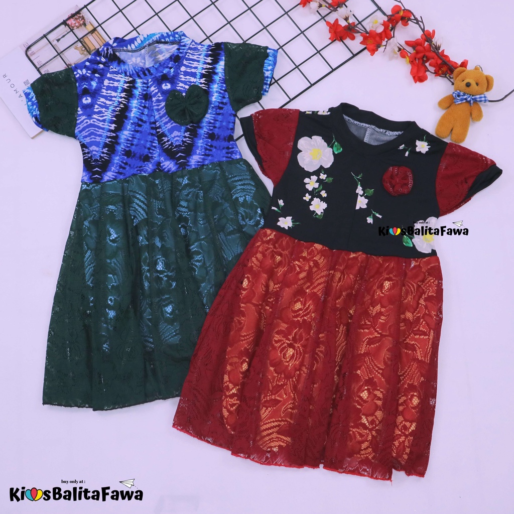 Dress Yuki uk 3-4 Tahun / Dres Lengan Anak Perempuan Import Brukat Baju Gaun Pesta Adem Murah