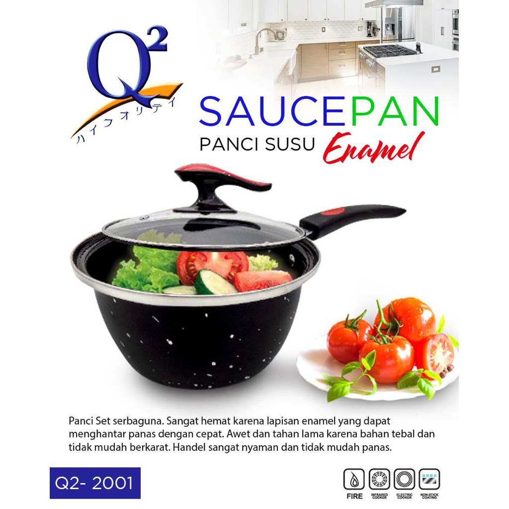 Panci Susu Saucepan Q2 2001 Tutup Kaca 20cm - Panci Susu Enamel Q2 2001 Tutup Kaca 20cm