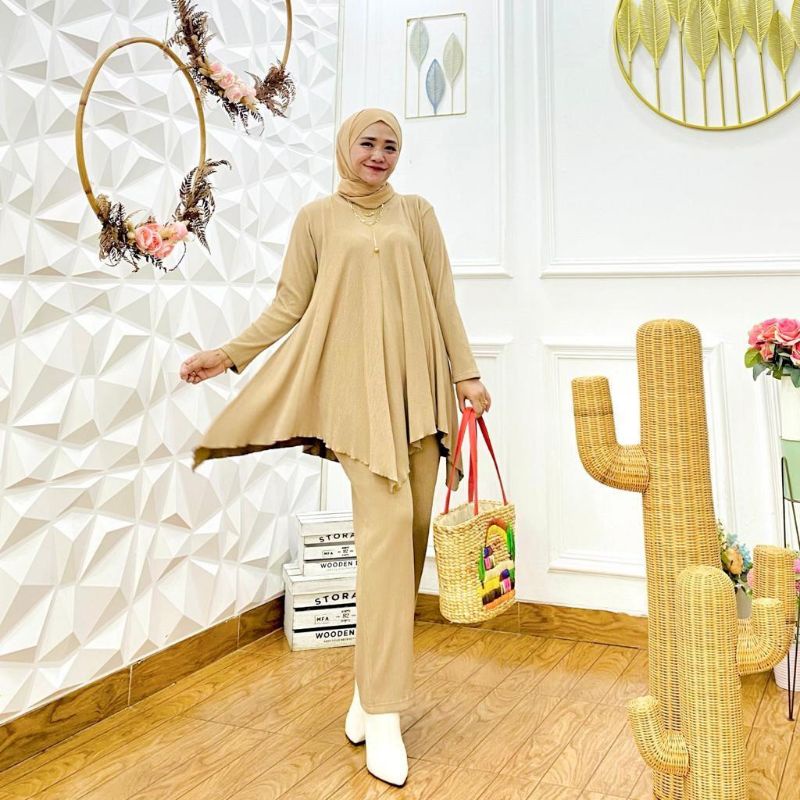 BJ One Set Kaos Rib Stretch Jumbo Oversize Wanita Ld 130 Rumbai Set Pants