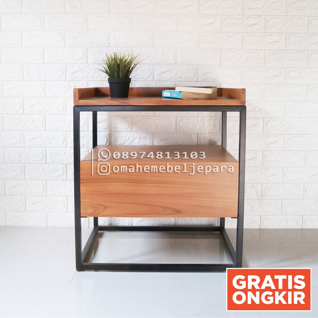 Nakas jati minimalis - Nakas kaki besi - Bedside table industrial
