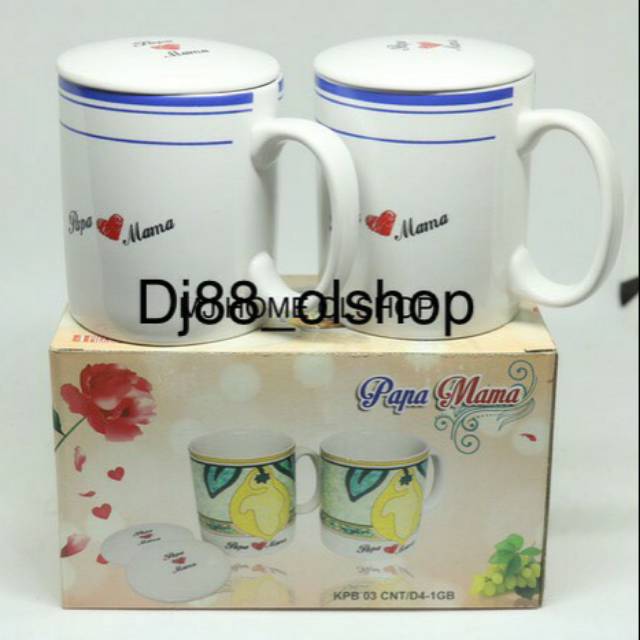 (Set isi 2 pcs) Mug Keramik Papa/Mama + Tutup(Besar)