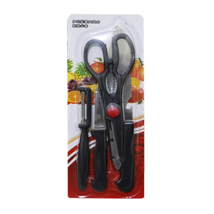 Set Pisau Dapur Hitam 4Pcs in 1 Chef Knife Gunting Peeler Pisau Buah - J9